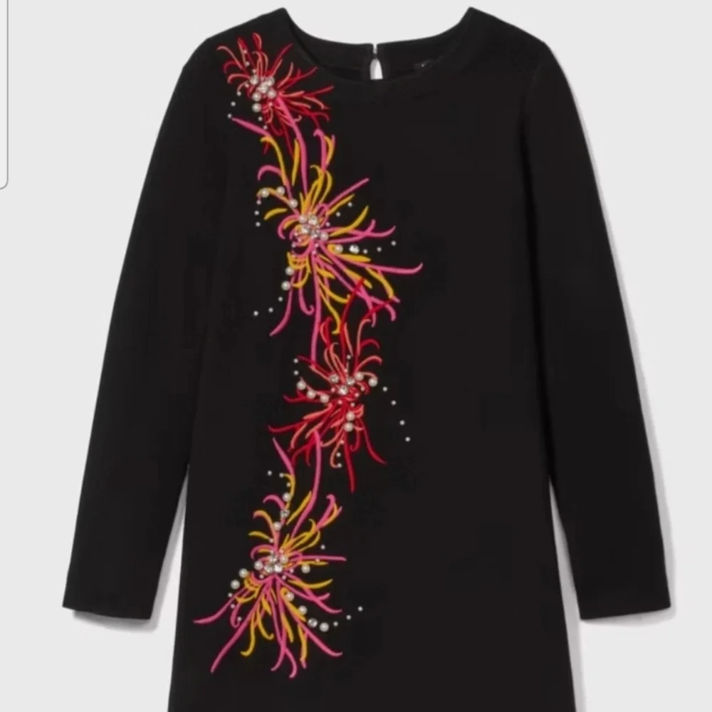 Black Embellished Crewneck Shift Dress with Pink & Yellow Floral Accents - Picture 5 of 5